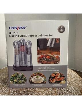 COSPRO Electric Salt and Pepper Grinder Set of 3 with Wireless Charging Base NIB